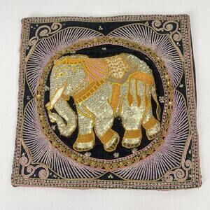 Vintange Glass Beads Maharaja’s Elephant Pillow Set Puffy Silk Cotton Set Of Two